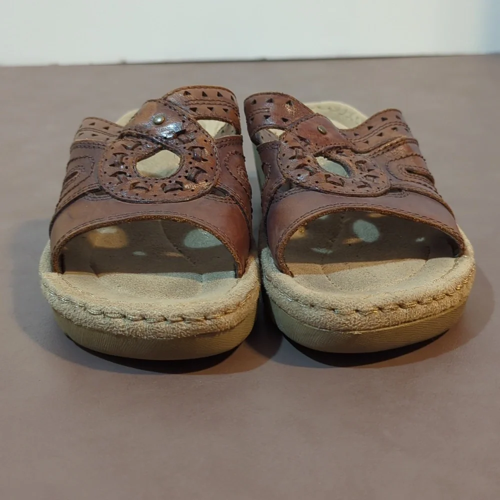 Bass Goldie Leather Wedge Sandal Womens 6M Brown Open Toe Slip on